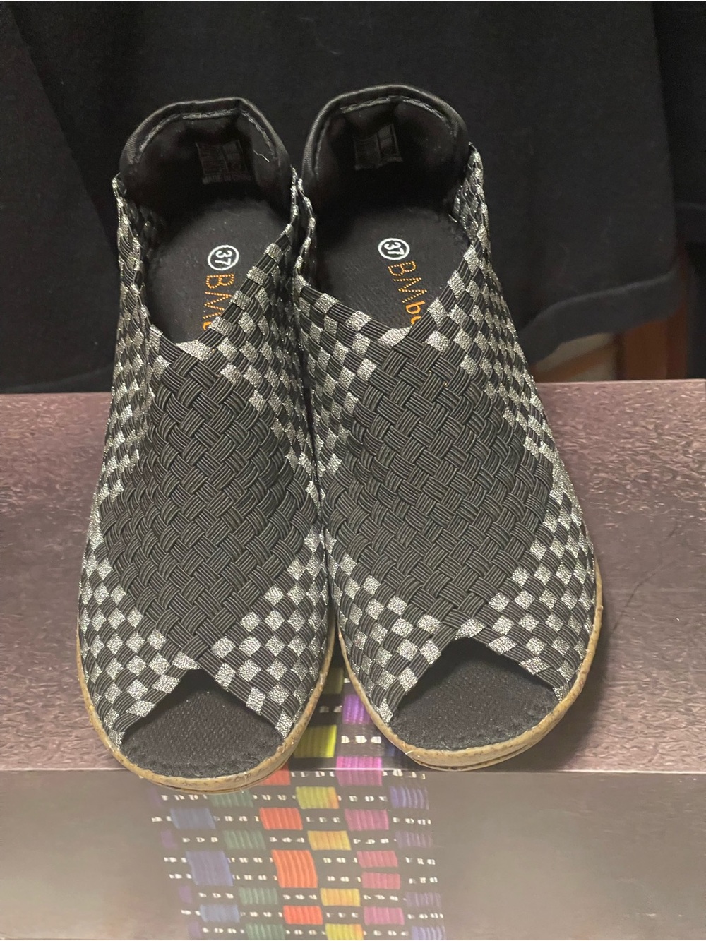 bernie mev. Black & Silver Woven Peep-Toe Slip-On Mules